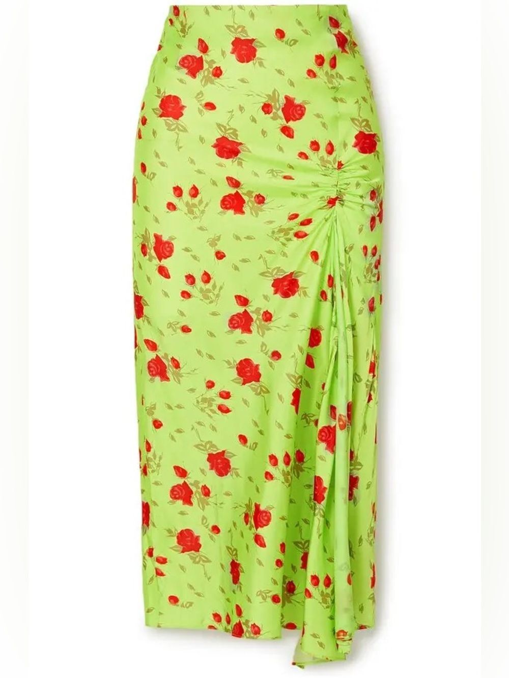 De La Vali Caroline Ruched Neon Green Rose Satin Midi Skirt US 6 UK 10
